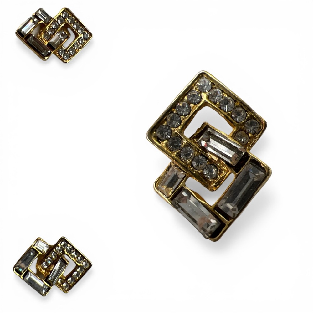 NWOT VINTAGE EARRINGS 80s rhinestone gold-toned geometric pierced comfortable
